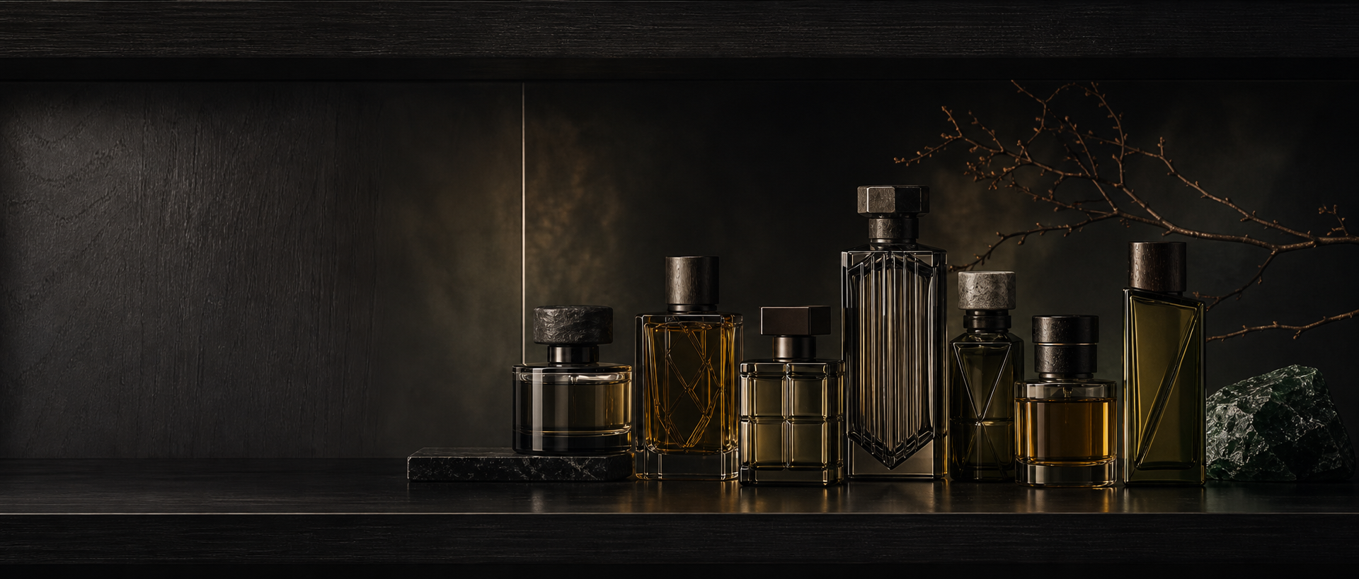 A varied collector shelf of unlabeled fragrance bottles