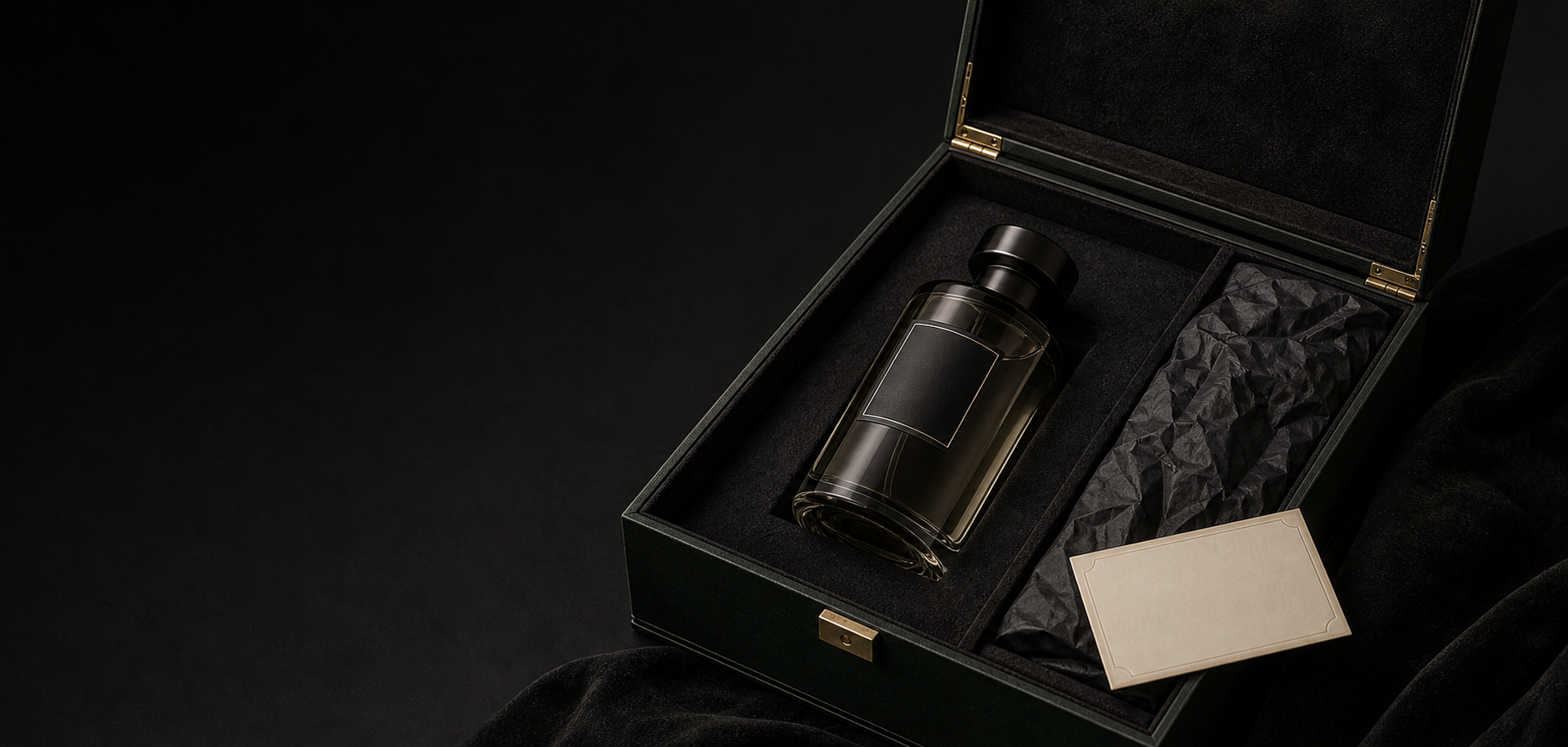 Fragrance bottle resting in a dark presentation case